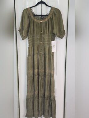 Boho New With Tags Olive Tiered Button-Front Maxi Dress Has Imperfecions Size M